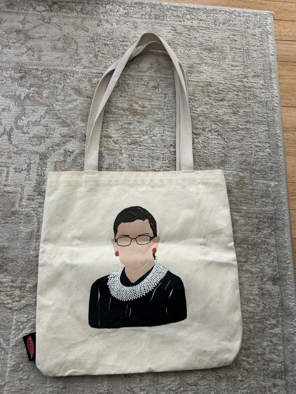 RBG Cream Tote with Black Illustration and Red Earrings
